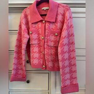 English Factory Pink Houndstooth Button-Up Sweater Jacket